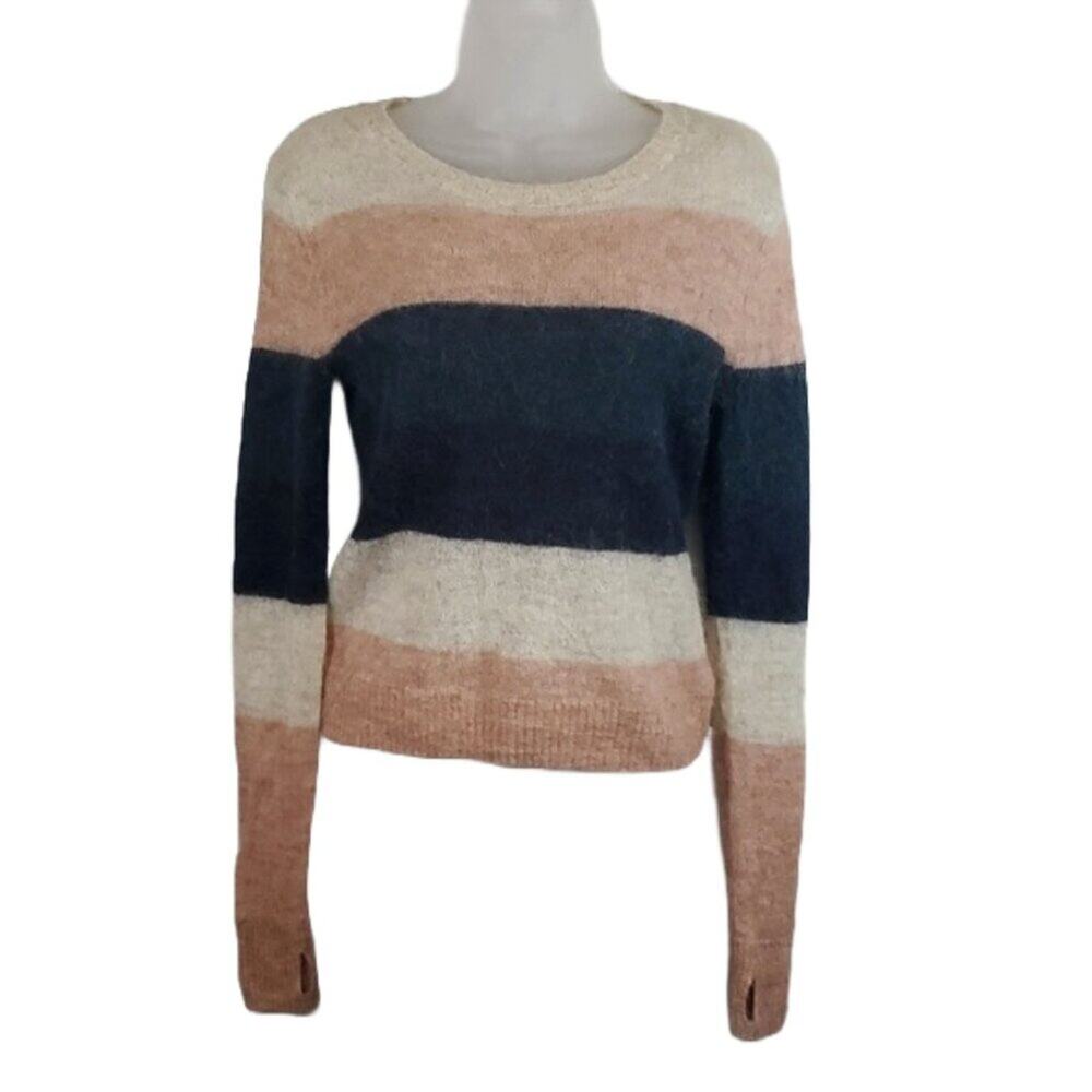 Pam & Gela Pink Navy Oatmeal Tan  Striped Alpaca Blend Crew Neck Sweater…
